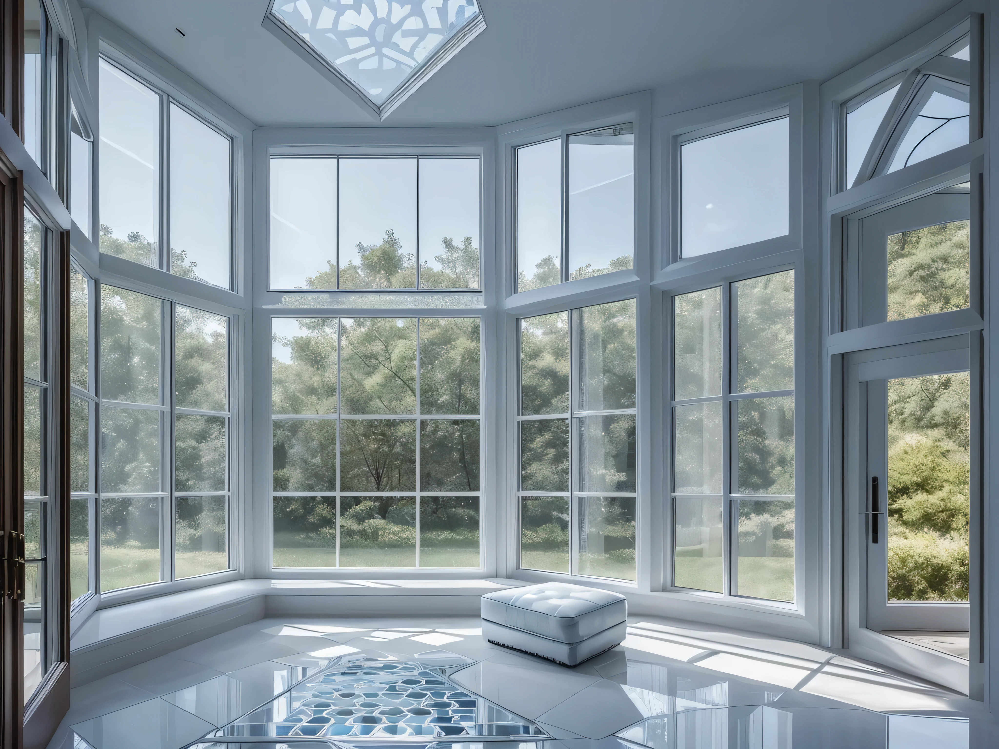 A luxurious interior space with a (((large glass window))), its panes composed of intricate ((square and hexagonal tessellations)) that create a softly diffused light that filters through into the room, giving off a delicate, weak (transparent blue glow)
