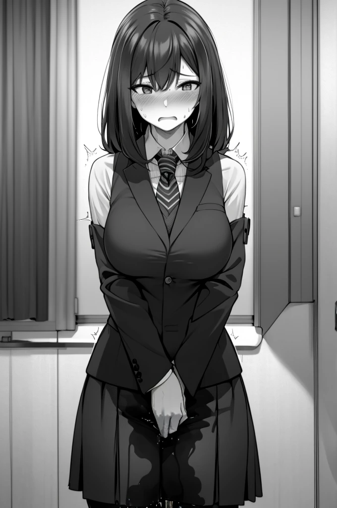 A woman with long black hair, wearing a business outfit consisting of a suit, pencil skirt, and pantyhose, stands in a monochrome setting. The artwork is inspired by manga and incorporates a doujin style. The woman appears to be (wetting herself:1.5), which causes her to feel embarrassed and humiliated, resulting in a blush on her face. In addition, there is an air of anger in her expression. The lighting in the scene is moody, with a spotlight highlighting the woman's figure. She is crossing her arms, (arms crossed:1.5), fully showcasing her skirt., medium breasts