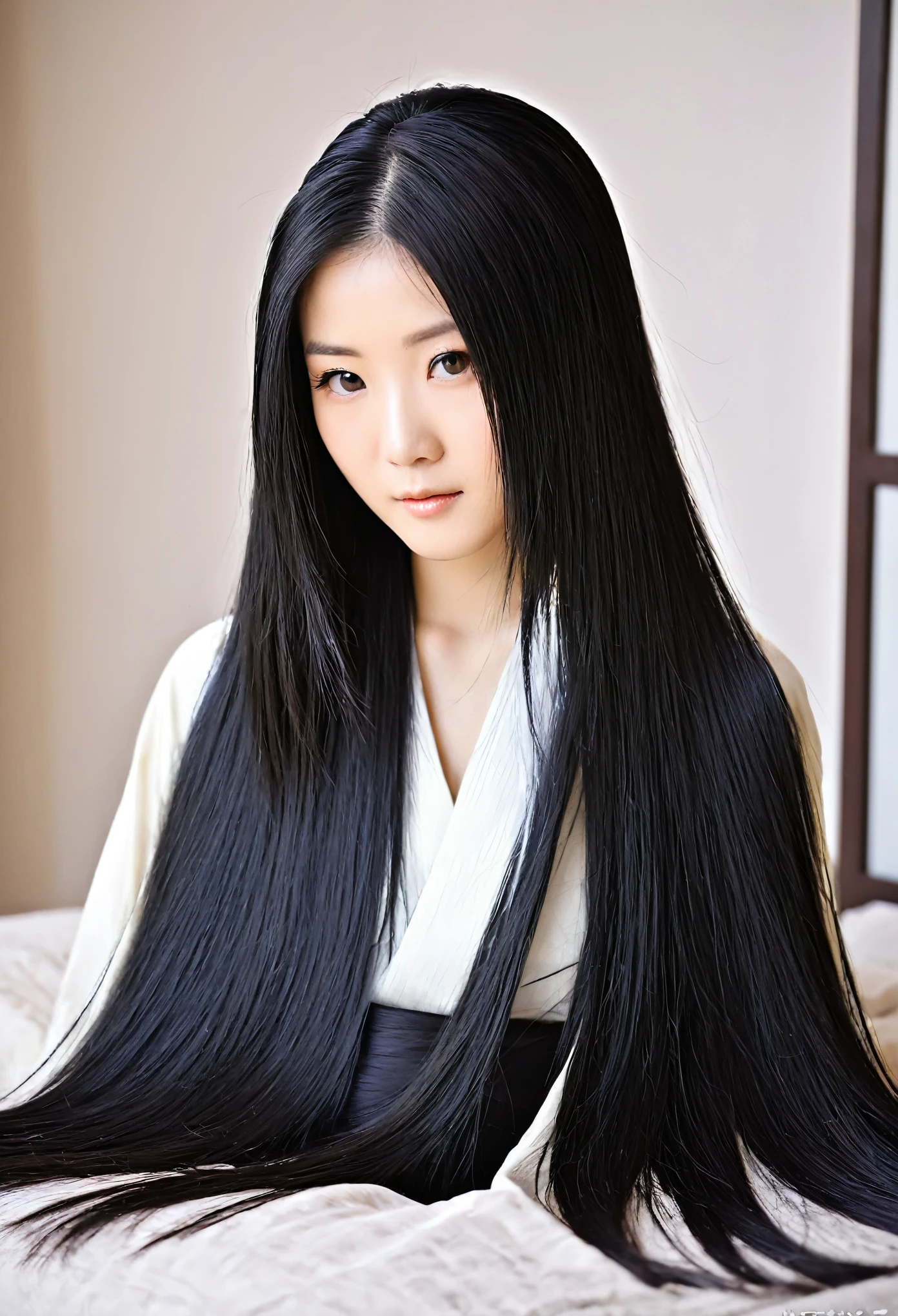 Uma jovem japonesa cabelos preto e longo deitada em uma cama