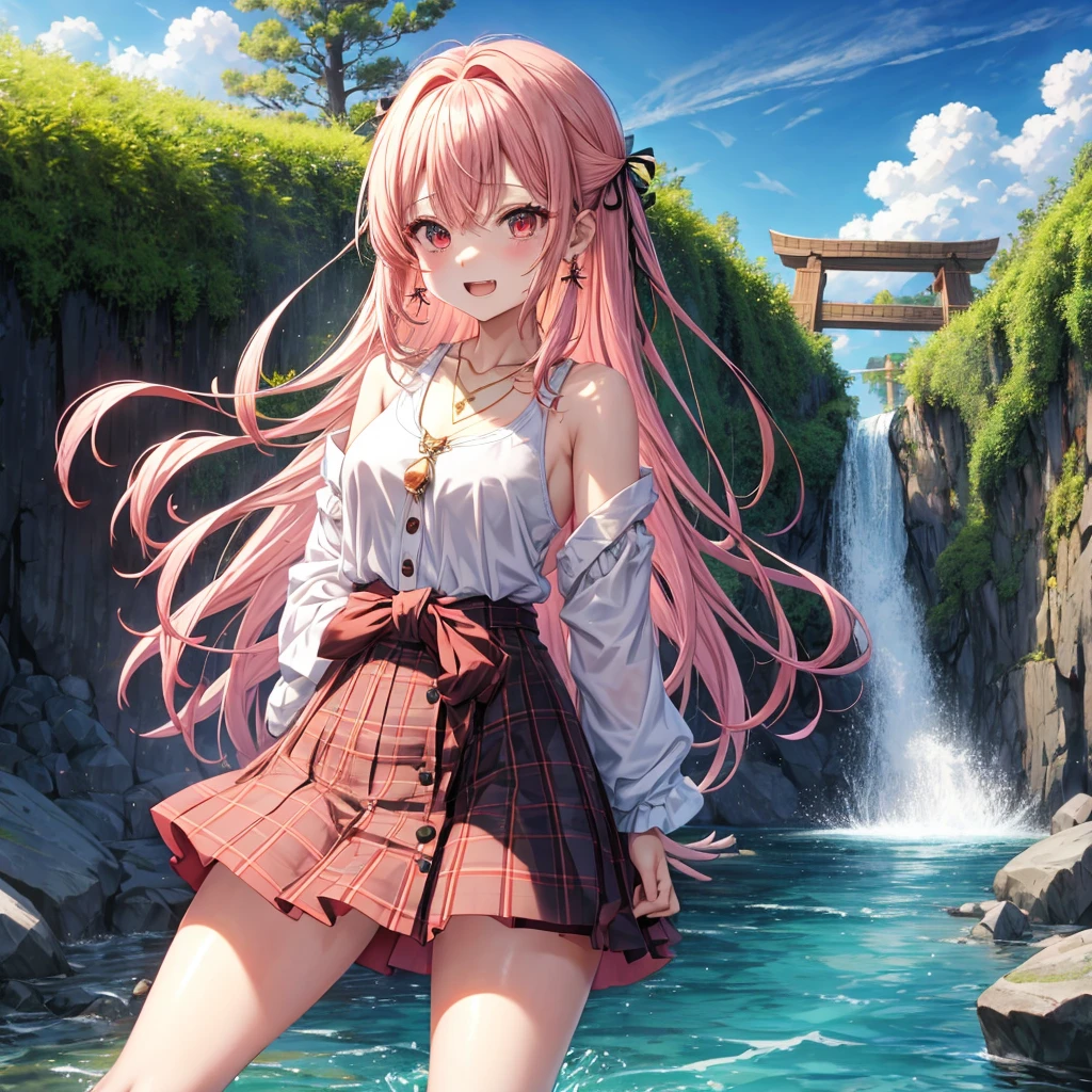 Pink gold golden hair、Red eyes、One good looking girl、solo、anime、Checkered mini skirt、The skirt has buttons、Black camisole、Black T-shirt、hoodie、Wearing a ribbon、Ribbon on waist、Crystal Earrings、Gemstone Necklace、Tilting face、Teeth are visible、waterfall、waterfallの裏側、tunnel、Sunset sky、moss、isolated island、Hell's Gate、Lantern、Blue flame