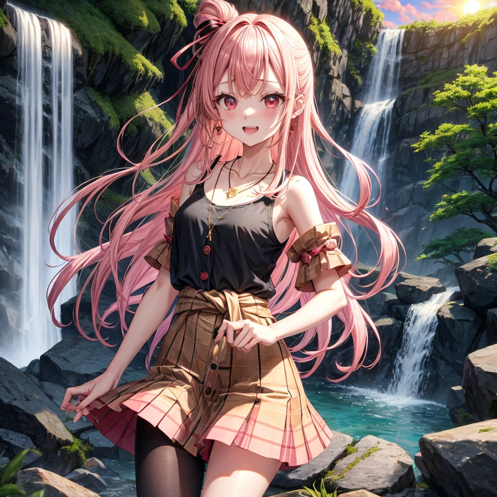 Pink gold golden hair、Red eyes、One good looking girl、solo、anime、Checkered mini skirt、The skirt has buttons、Black camisole、Black T-shirt、hoodie、Wearing a ribbon、Ribbon on waist、Crystal Earrings、Gemstone Necklace、Tilting face、Teeth are visible、waterfall、waterfallの裏側、tunnel、Sunset sky、moss、isolated island、Hell&#39;s Gate、Lantern、Blue flame