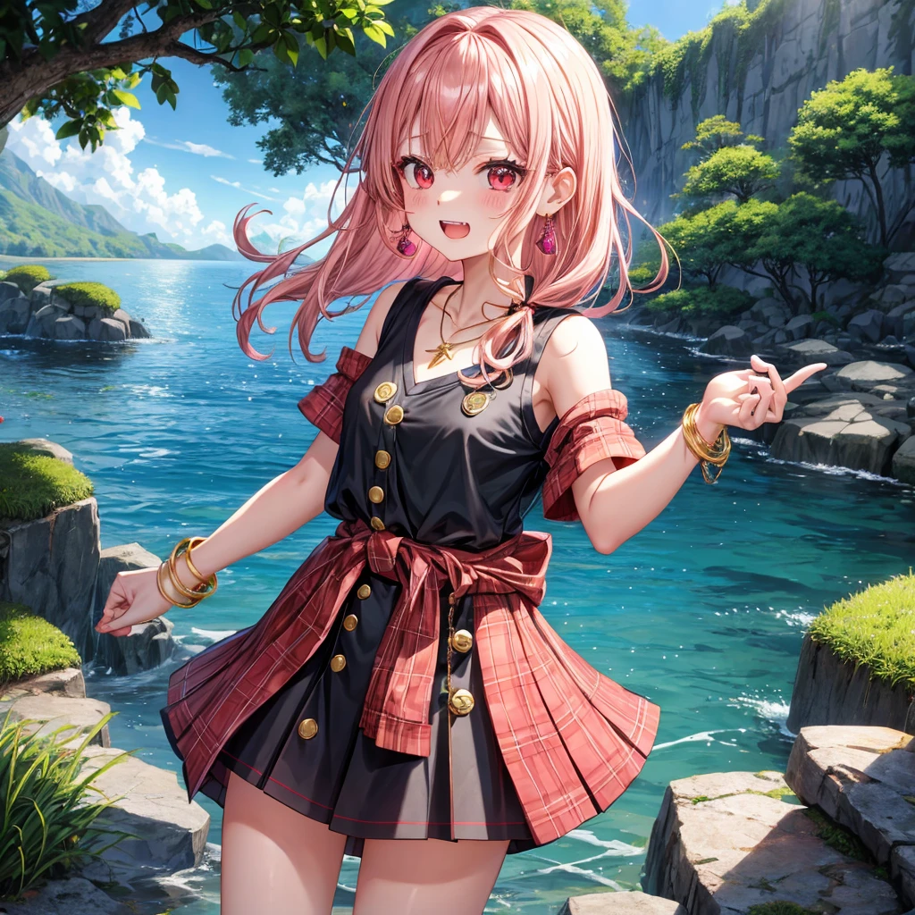 Pink gold golden hair、Red eyes、One good looking girl、solo、anime、Checkered mini skirt、The skirt has buttons、Black camisole、Black T-shirt、hoodie、Wearing a ribbon、Ribbon on waist、Crystal Earrings、Gemstone Necklace、Tilting face、Teeth are visible、waterfall、waterfallの裏側、tunnel、Sunset sky、moss、isolated island、Hell's Gate、Lantern、Blue flame
