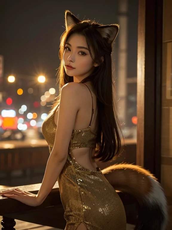 ((highest quality, 32k)), ((masterpiece)), (Get used to it), Perfect Face, Fox Girl, Beautiful woman, public, Has a tail, She has a fox's tail, She wags her fluffy tail, smile, collar, She wears a business suit, Beautiful hip line, His tail is sticking out from his business suit, Large Breasts, Big Ass