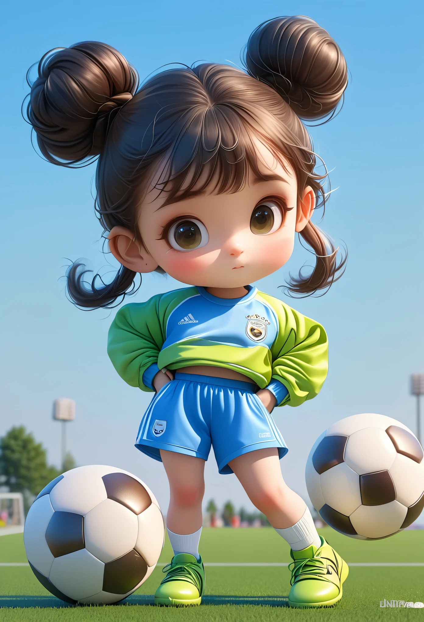 3D，1 Girl，2 buns，play soccer，Sportswear Set，Cartoon Style