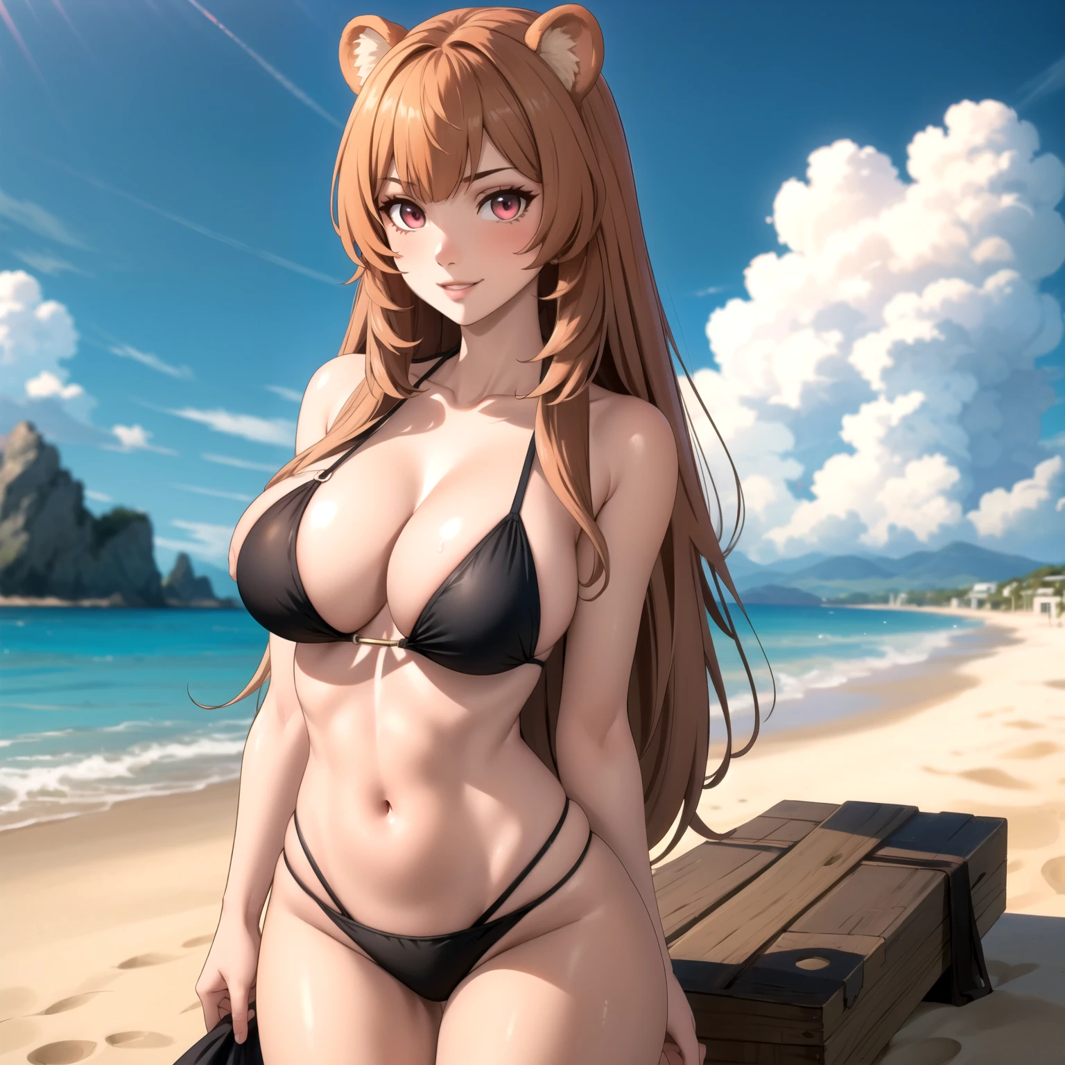 Raphtalia woman 24 years old blonde hair with pink tips, orejas de oso, ojos rojos, piel morena, pale skin, pechos grandes , bikini rosado, accesorios, sonrisa, fondo una playa de arena blanca, cuerpo completo. manos perfectas. gotas de agua en su pecho, arms behind the back, sacando pecho, playa de blanca arena, arena color blanco. pechos enormes. pechos gigantes, presumiendo sus pechos. de frente a la camara.