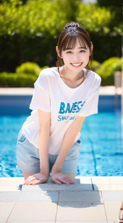 Beautiful, clear white skin、Full Body Shot、Beautifully detailed face、1 Japanese female、Adorable smile、highest quality、Very delicate and beautiful 8K、Very high resolution、Standing by the pool、Realistic、Leaning forward、I can see your chest、Oversized T-shirt、Shorts