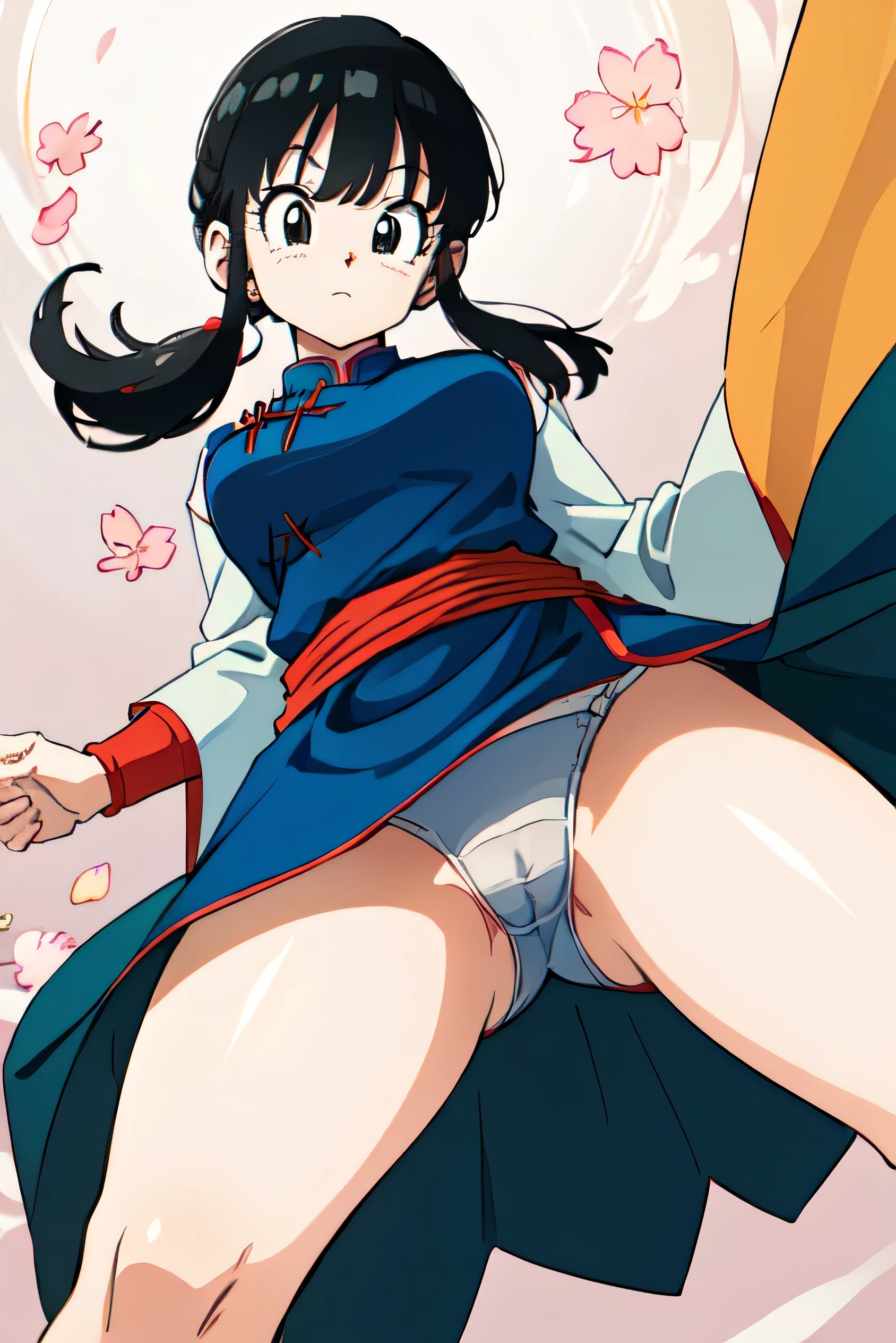 Dragon Ball, Click, (Low Ponytail:1.1), Iris, Chinese clothing, Blue clothes, No sleeve, Wristband, sash, ultra detailed, masterpiece, highest quality, beautiful, detailed, The perspective is from below, kick, High kick, Standing on one leg, barefoot, Arched feet, Detailed feet, Sole facing the viewer, View your viewers, Lift your legs, White lace panties, (From below:1.5), (Low Perspective:1.5), Cherry blossoms fluttering