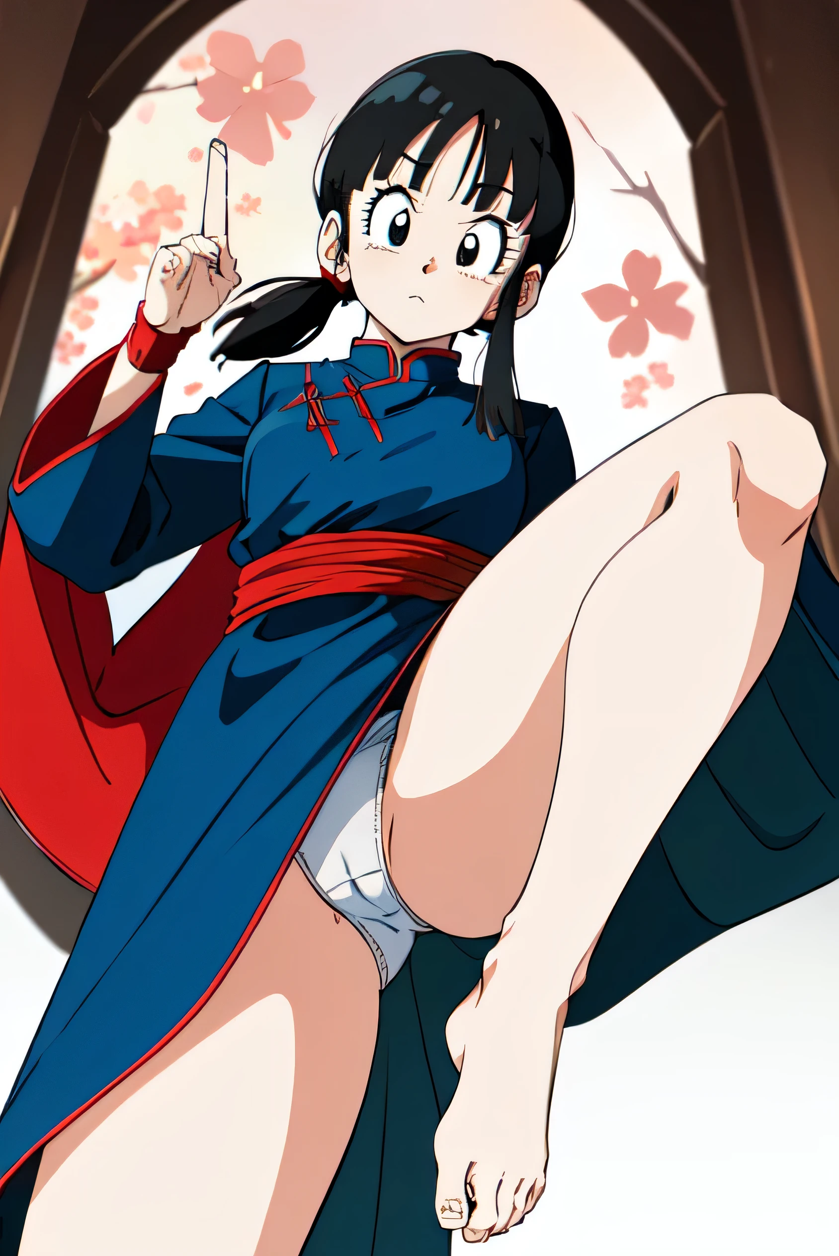 Dragon Ball, Click, (Low Ponytail:1.1), Iris, Chinese clothing, Blue clothes, No sleeve, Wristband, sash, ultra detailed, masterpiece, highest quality, beautiful, detailed, The perspective is from below, kick, High kick, Standing on one leg, barefoot, Arched feet, Detailed feet, Sole facing the viewer, View your viewers, Lift your legs, White lace panties, (From below:1.5), (Low Perspective:1.5), Cherry blossoms fluttering