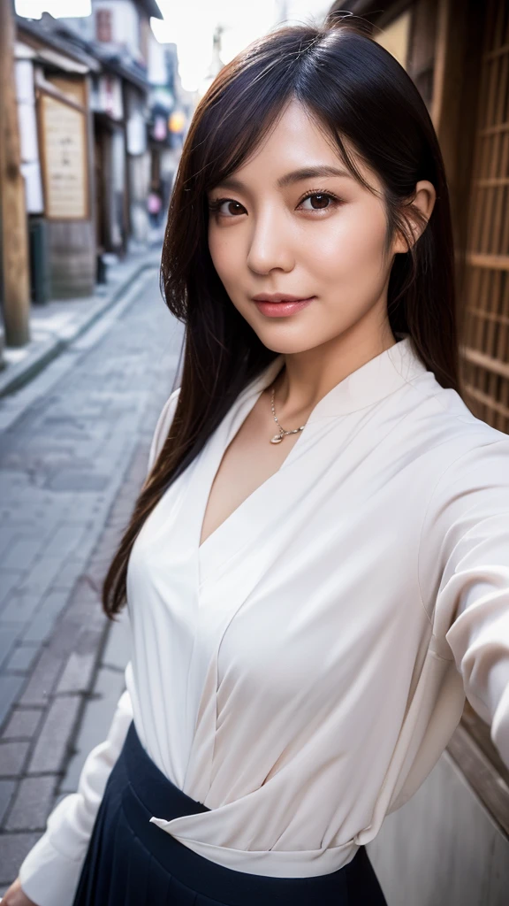 ((Top Quality)), ((8K)), ((Masterpiece: 1.3)), (Perfect Appearance), (Photorealism: 1.6), (Japanese woman standing in an old Japanese townscape: 1.6), (Kyoto), (clear background), japanese woman, (48 years old), ((Standing upright, facing forward, center of screen)), ((Realistic skin texture)), (Fine wrinkles throughout the skin: 1.3), (Dull skin: 1.1), (Skin without moisture: 1.2) , (Wrinkles on the face: 0.9), (Wrinkles on the corners of the eyes: 1.2), Double eyelids, tear bags on the lower eyelids, (Crying moles: 0.9), The eyes are looking here, serious gaze, (Dimples: 1.2), smile with the corners of the mouth raised wide, straight medium length, soft fabric blouse, (through white blouse: 1.3), (Plump and glamorous body), (wide sleeves), (Cuffs that fit your wrist), (The hem of the blouse is tucked into the skirt: 1.2), flare skirt, high heels, (focus on upper body: 1.3), (low angle: 1.4),