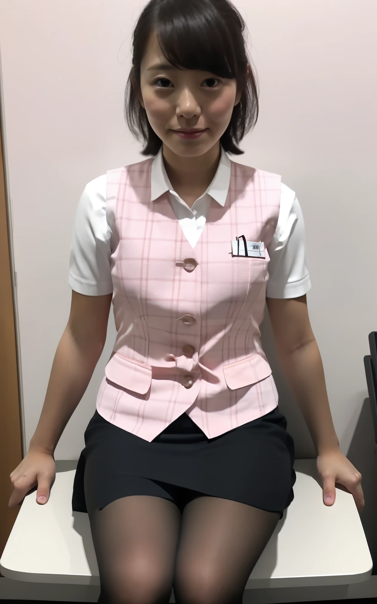 masterpiece, best quality, realistic, 1girl,solo,25 years old,plaid vest, pink skirt,white shirt,short sleeves, sitting,black pantyhose,office-lady