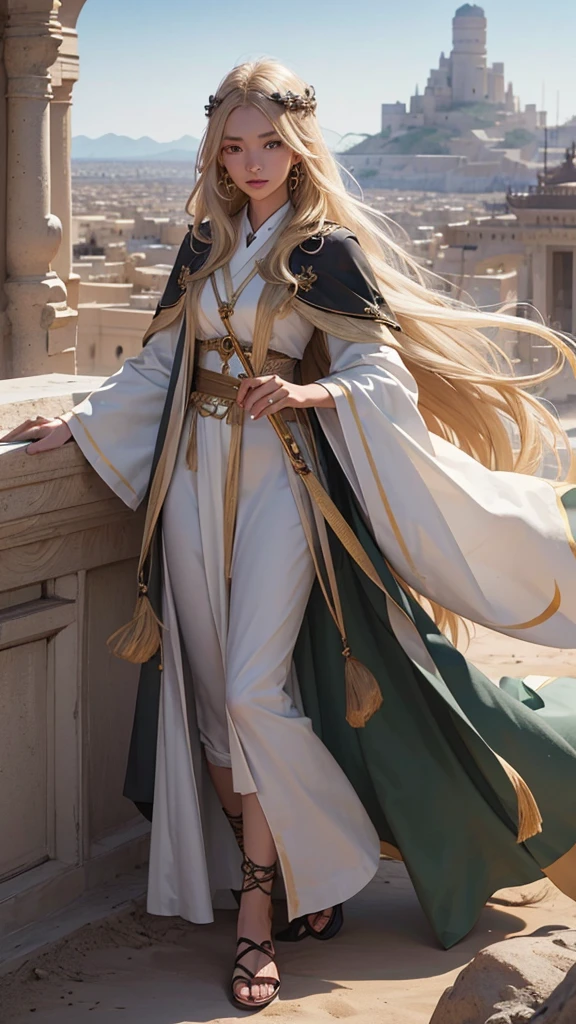 Young girl, effeminate face, witch, 1m57, very long light blond hair, freckles, large black eyes, brown skin, ,
Japanese , oriental, desert, marble castle, detailed face, detailed eyes, detailed hair, greenery,
full body, desert greenery, desert plant, wind, magic wand, Arab city.