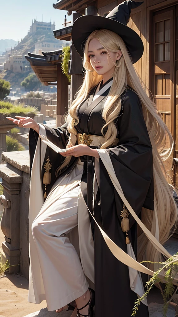 Young girl, effeminate face, witch, 1m57, very long light blond hair, freckles, large black eyes, brown skin, ,
Japanese , oriental, desert, marble castle, detailed face, detailed eyes, detailed hair, greenery,
full body, desert greenery, desert plant, wind, magic wand, Arab city.