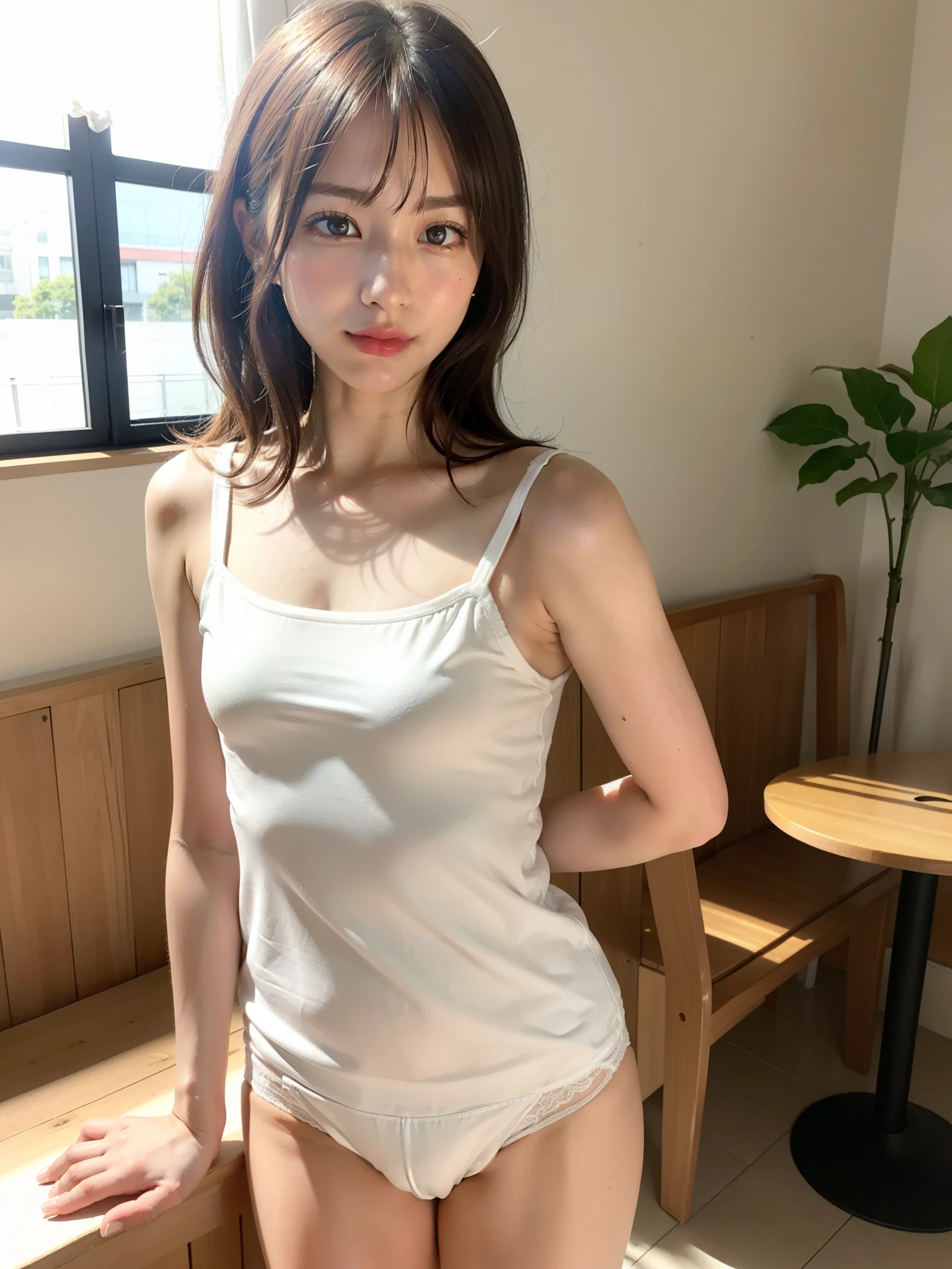 ((Best of the highest quality, 8k, Masterpiece: 1.3, raw photo)), Sharp focus: 1.2, (1 AESPA, slim body type female, 21 y/o: 1.1), (Solo: 1.2), (realistic, photo-realistic:1.37), face focus, cute face, finely eyes, (small breasts, flat chest, Thigh: 1.3), (short messy hair: 1.28), (neat silk camisole, panties: 1.32), cafe, (morning, sun light: 1.2), flower
