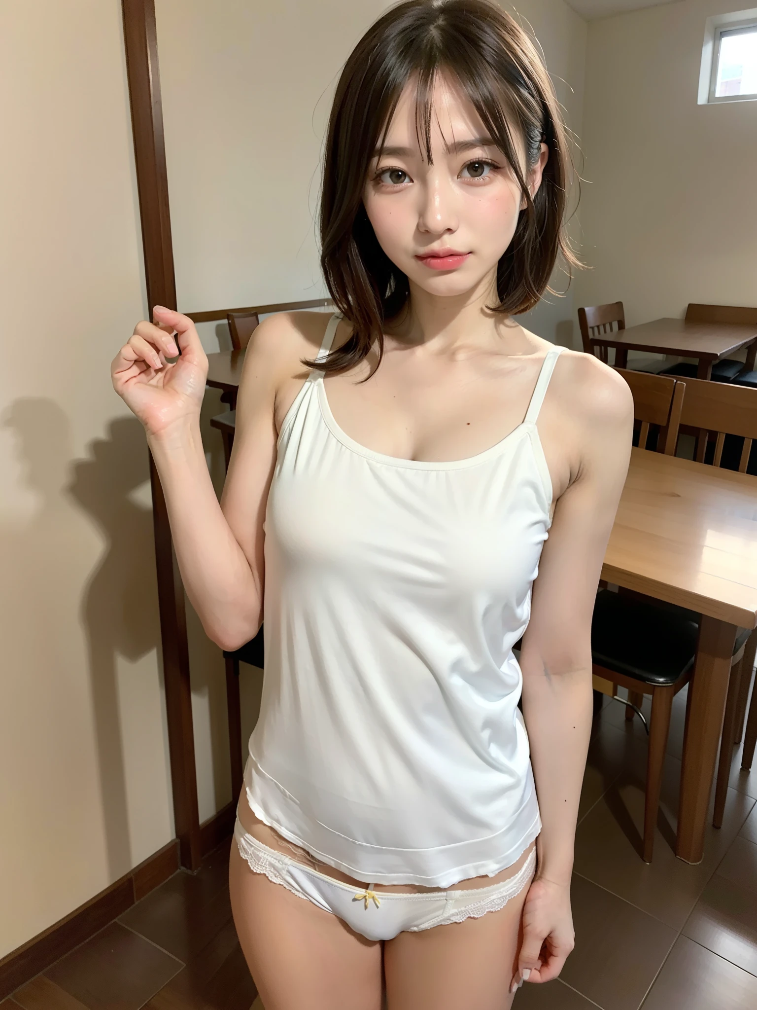 ((Best of the highest quality, 8k, Masterpiece: 1.3, raw photo)), Sharp focus: 1.2, (1 AESPA, slim body type female, 21 y/o: 1.1), (Solo: 1.2), (realistic, photo-realistic:1.37), face focus, cute face, finely eyes, (small breasts, flat chest, Thigh: 1.3), (short messy hair: 1.28), (neat silk camisole, panties: 1.32), cafe, (morning, sun light: 1.2), flower