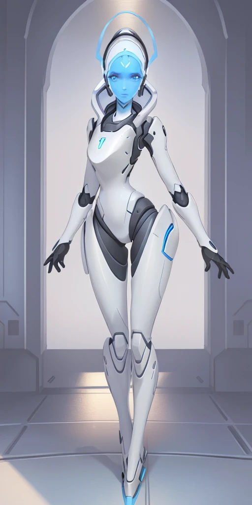 (echo from overwatch) a woman in a blue outfit is posing for a picture, Extremely detailed artgerm, thicc, cutesexyrobutts, pale blue armor, bikini armor female knight, armor girl, thick armor, skintight silver armor, style artgerm, covered in full silver armor, thick smooth warframe thighs