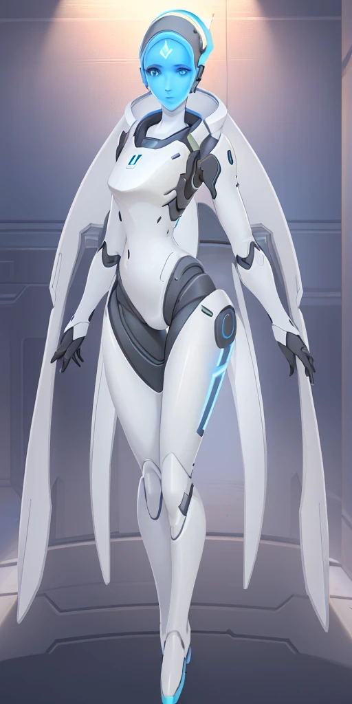 (echo from overwatch) a woman in a blue outfit is posing for a picture, Extremely detailed artgerm, thicc, cutesexyrobutts, pale blue armor, bikini armor female knight, armor girl, thick armor, skintight silver armor, style artgerm, covered in full silver armor, thick smooth warframe thighs