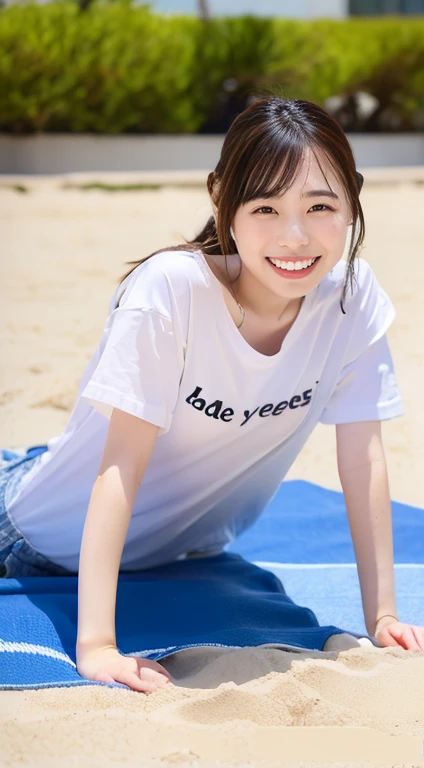 Beautiful, clear white skin、Full Body Shot、Beautifully detailed face、1 Japanese female、Adorable smile、highest quality、Very delicate and beautiful 8K、Very high resolution、On the beach、On all fours、Realistic、Leaning forward、I can see your chest、Oversized T-shirt、Shorts