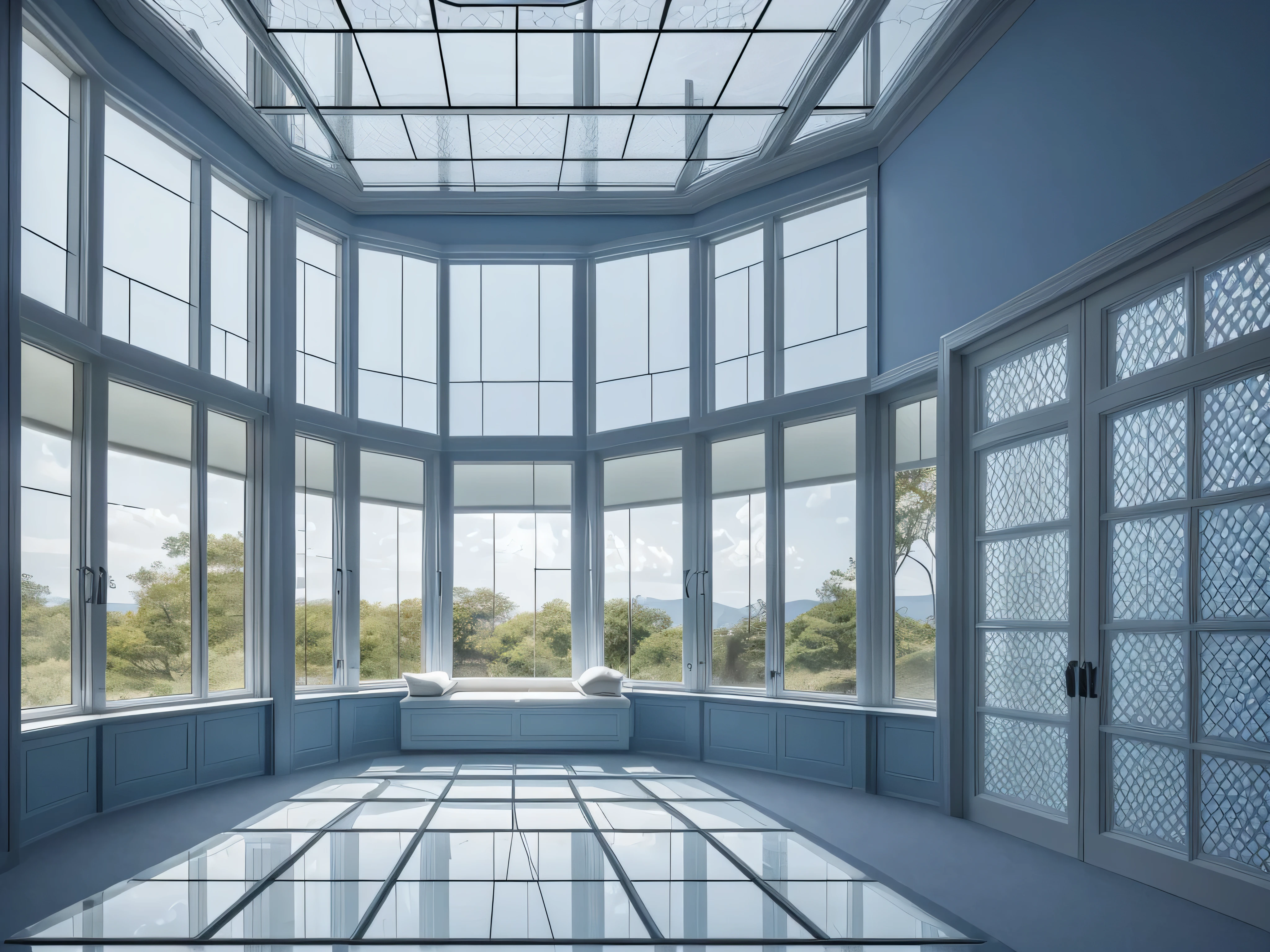 A luxurious interior space with a (((large glass window))), its panes composed of intricate ((square and hexagonal tessellations)) that create a softly diffused light that filters through into the room, giving off a delicate, weak (transparent blue glow)
