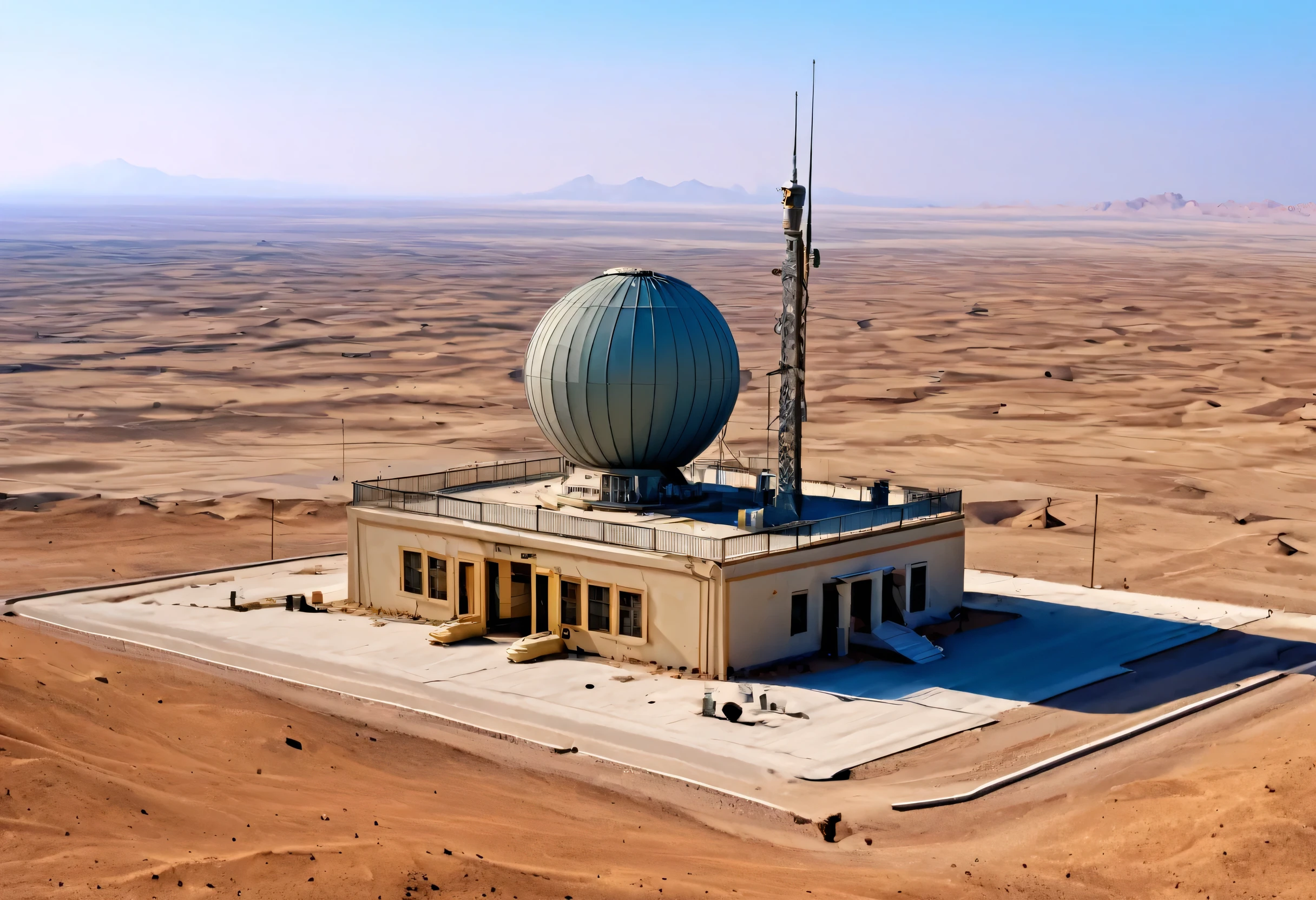 low tech military radar from the middle east, building with middle east architecture with antenna and radar, barrack in the desert, Ultra detailed, hyper realistic, 4k, Ultra detailed image, realistic, Highly detailed, perfect composition, splendid, Intricately detailed, Incredibly detailed, 8k art photography, hyper detailed, Masterpiece, Ultra detailed, hyper realistic, 4k, ultra detailed image, realistic, highly detailed, perfect composition, splendid, intricately detailed, incredibly detailed, photography 8k artistic, hyper detailed, maste