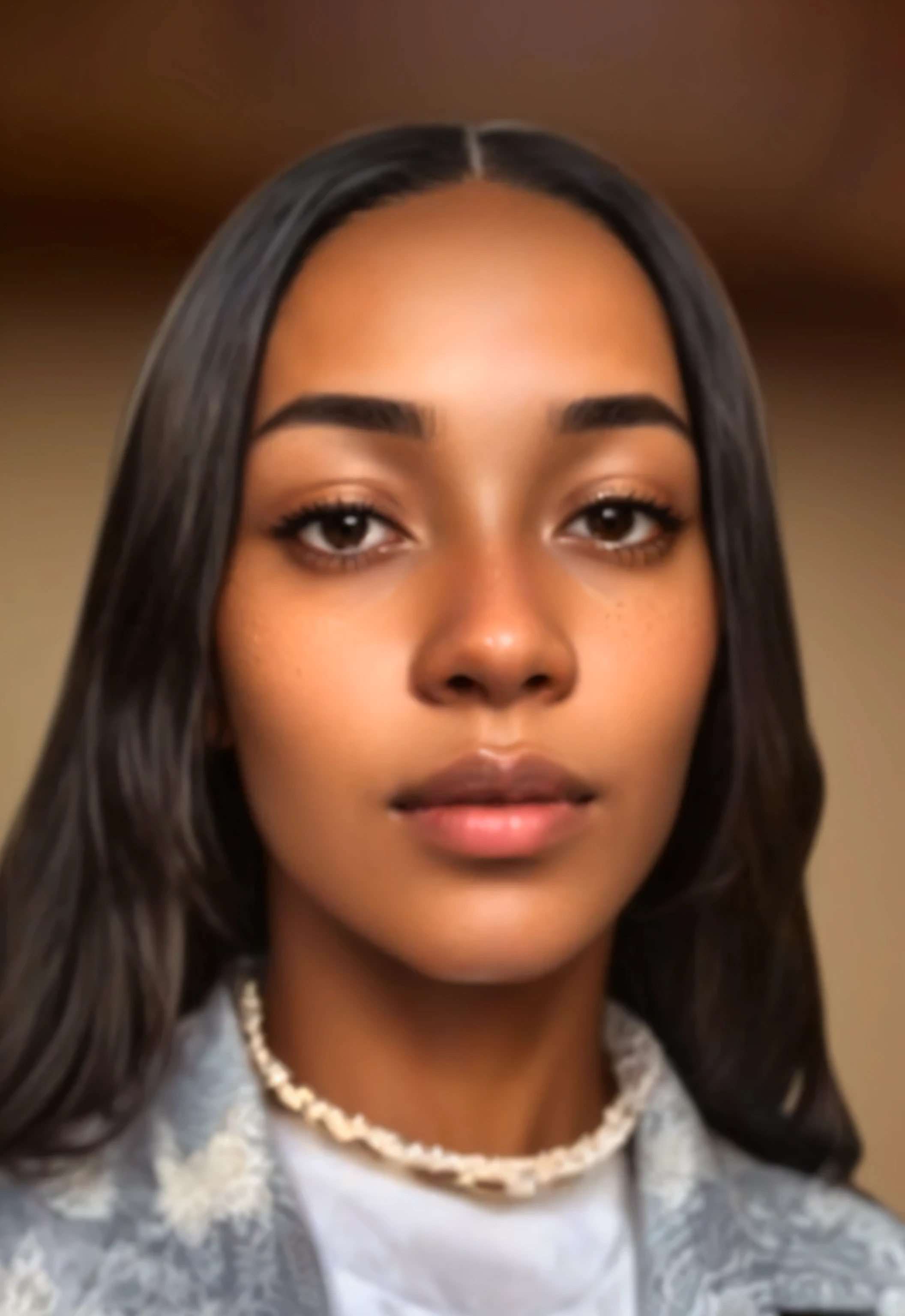 Create an ultra-high-definition, super-close-up photograph of a young black woman with striking black hair, highlighted by sunlight. Focus on her captivating features: deep black eyes, full lips, and elegantly arched eyebrows. Introduce various blemishes, imperfections, and moles across her skin for authenticity, ensuring a realistic portrayal. Utilize the Hasselblad camera to capture unparalleled detail, guaranteeing flawless depiction with extraordinary clarity, accentuating the natural beauty of her features.