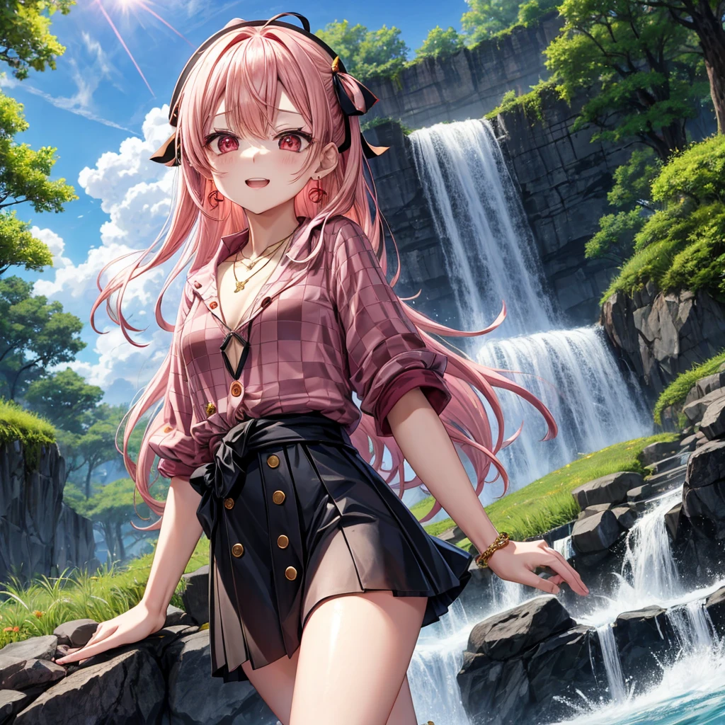 Pink gold golden hair、Red eyes、One good looking girl、solo、anime、Checkered mini skirt、The skirt has buttons、Black camisole、Black T-shirt、hoodie、Wearing a ribbon、Ribbon on waist、Crystal Earrings、Gemstone Necklace、Tilting face、Teeth are visible、waterfall、waterfallの裏側、tunnel、Sunset sky、moss、Hell&#39;s Gate、Lantern、Blue flame