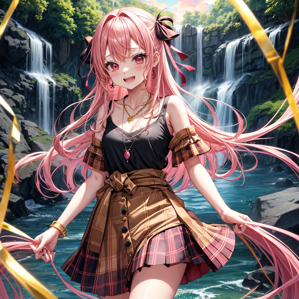Pink gold golden hair、Red eyes、One good looking girl、solo、anime、Checkered mini skirt、The skirt has buttons、Black camisole、Black T-shirt、hoodie、Wearing a ribbon、Ribbon on waist、Crystal Earrings、Gemstone Necklace、Tilting face、Teeth are visible、waterfall、waterfallの裏側、tunnel、Sunset sky、moss、Hell&#39;s Gate、Lantern、Blue flame
