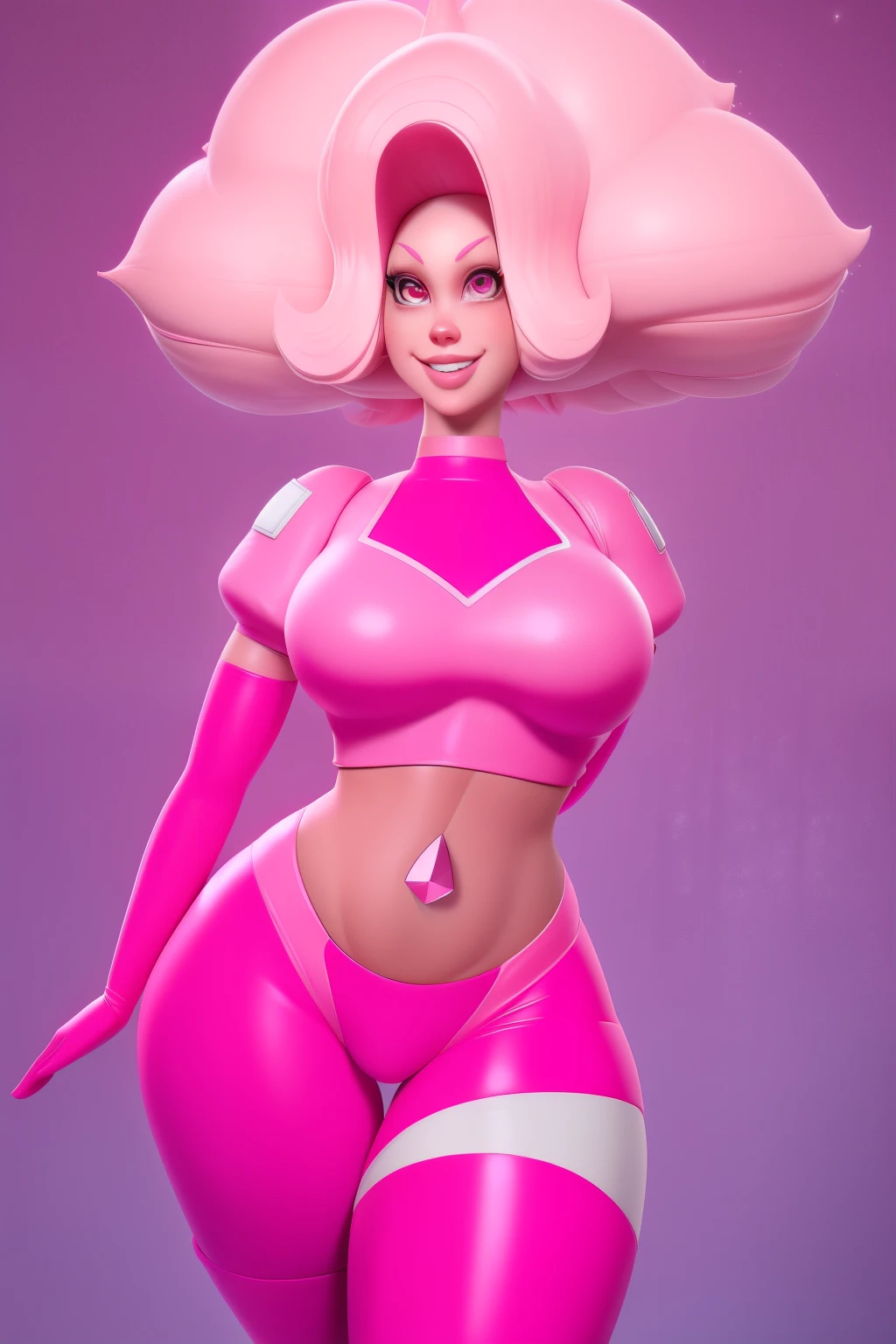 pnkdamond, pink hair, pink eyes, big hair, stomach gem, pink skin, toned,
puffy short sleeves, elbow gloves , white thighhighs, puffy dress,
standing, upper body,
outerspace,
(insanely detailed, beautiful detailed face,beautiful detailed eyes, masterpiece, best quality) cinematic lighting, smile,