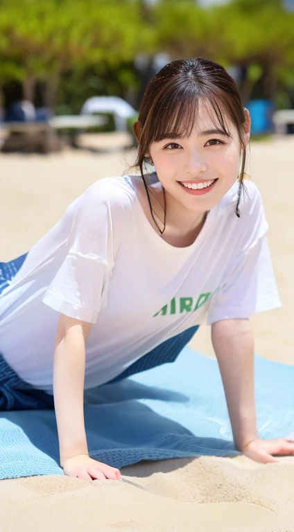 Beautiful, clear white skin、Full Body Shot、Beautifully detailed face、1 Japanese female、Adorable smile、highest quality、Very delicate and beautiful 8K、Very high resolution、On the beach、Crawling forward、Realistic、Leaning forward、I can see your chest、Oversized T-shirt、Shorts