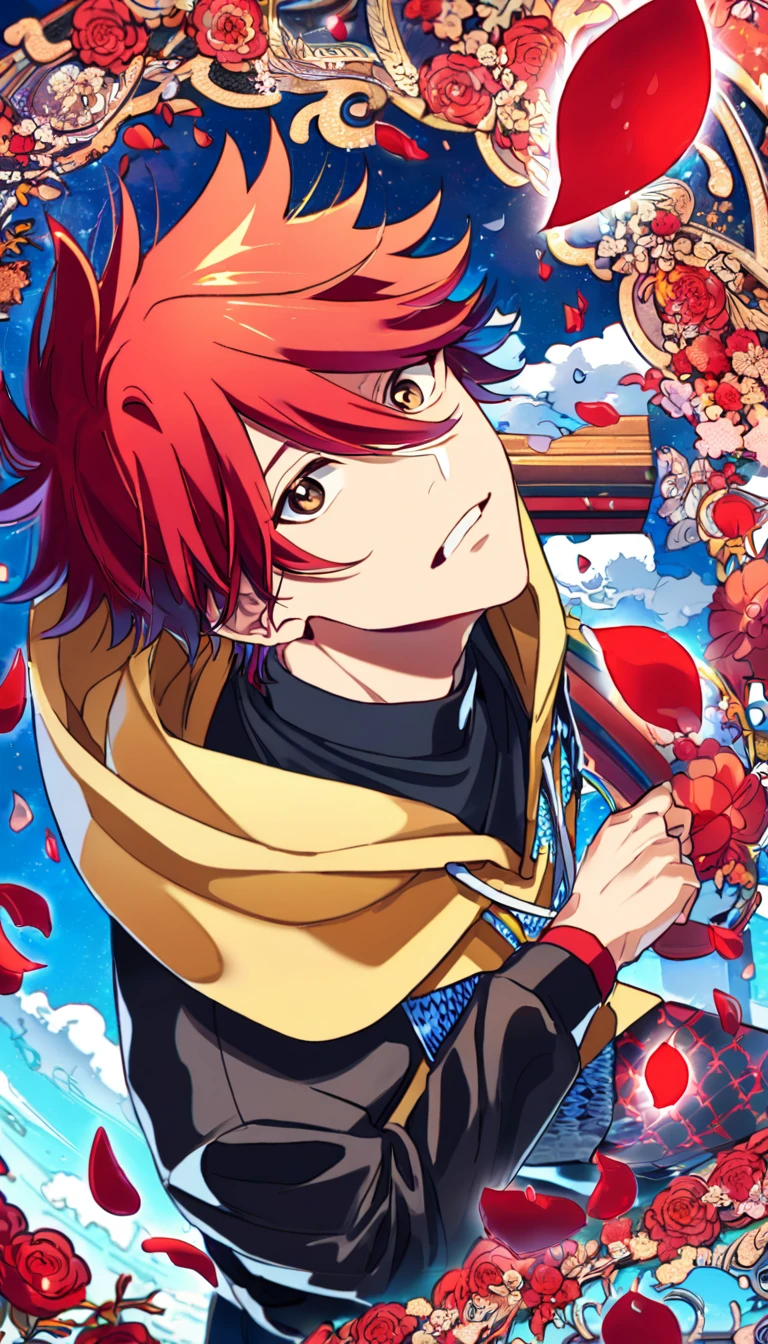 Ultra detailed, Highres, absurdres, HDR, Kyan Reki, red hair, master piece, expressive brown eyes, Sk8 the infinity, blue band, red flowers, red ice, petals, extremely handsome, sexy man, perfect face, solo, very detailed eyes and face, red glass, glittering, patterns, yellow hoddie, black jacket, black pants,