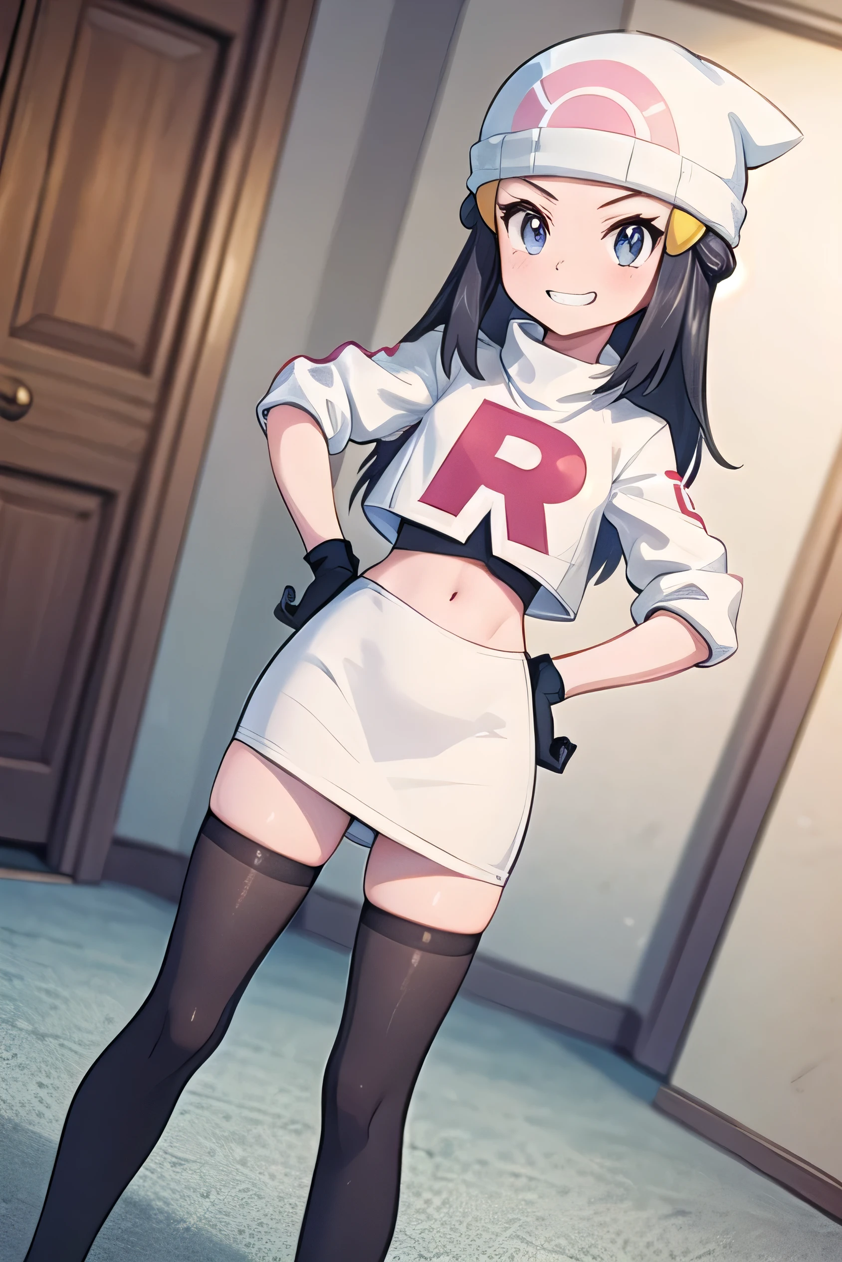 masterpiece,highest quality,One girl,dawn \(Pokemon\),Team Rocket uniform,White jacket,Cropped jacket,White Skirt,White Hat,Beanie,Black gloves,Elbow hand pockets,Black knee socks,Grin,Are standing,Hands on hips,indoor,Dutch Angle,Low - Angle