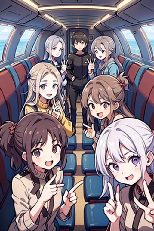 Group of young fighters are happily socializing inside a plane, conversando, dialogando, gesturing with hands