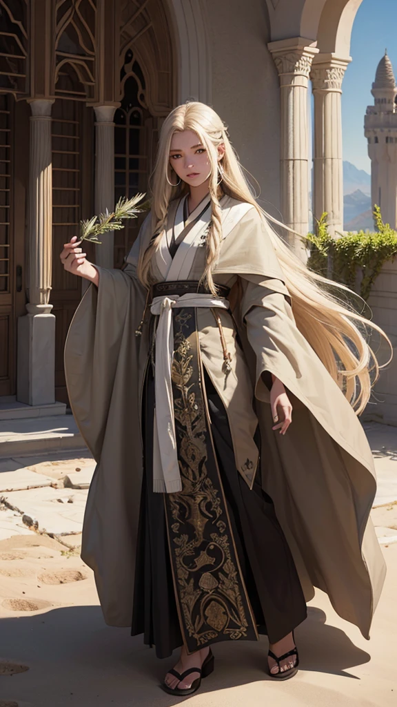 Young girl, effeminate face, witch, 1m57, very long light blond hair, freckles, large black eyes, brown skin, ,
Japanese , oriental, desert, marble castle, detailed face, detailed eyes, detailed hair, greenery, plant magic,
full body, desert greenery, desert plant, wind, magic wand, Arab city.