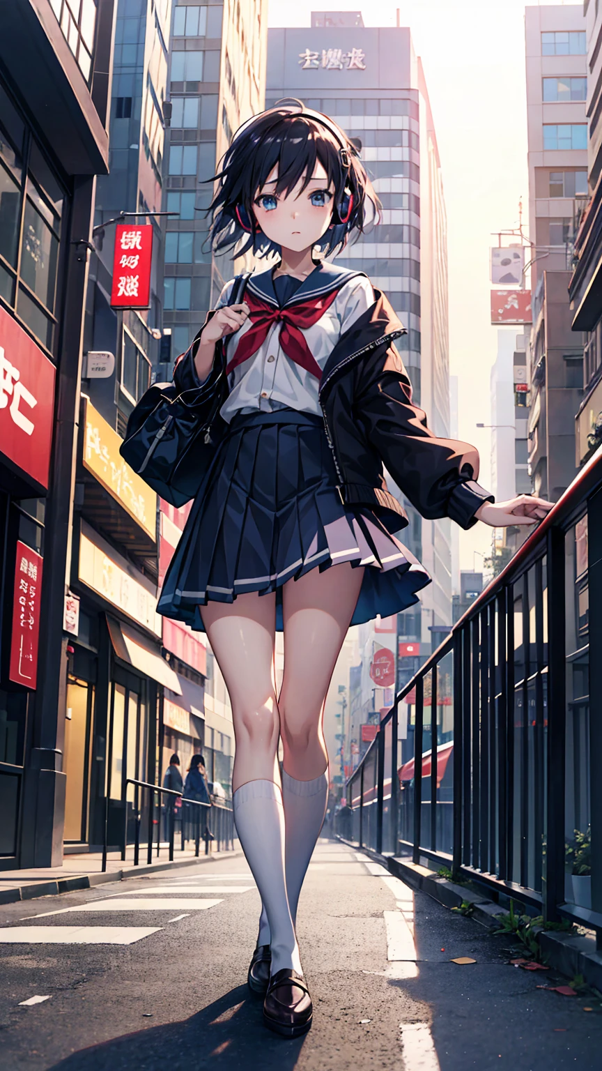 アニメの女の子 with headphones walking down the street in a , Beautiful anime school girl, Cute girl anime visuals, Kantai Collection Style,Manga illustration, Official Art, an anime girl, Illustrated , In the style of Makoto Shinkai, Hand-drawn anime illustrations, young anime girl, Shibuya Ward Building District、Blurred Background, Pencil Art、City Pop