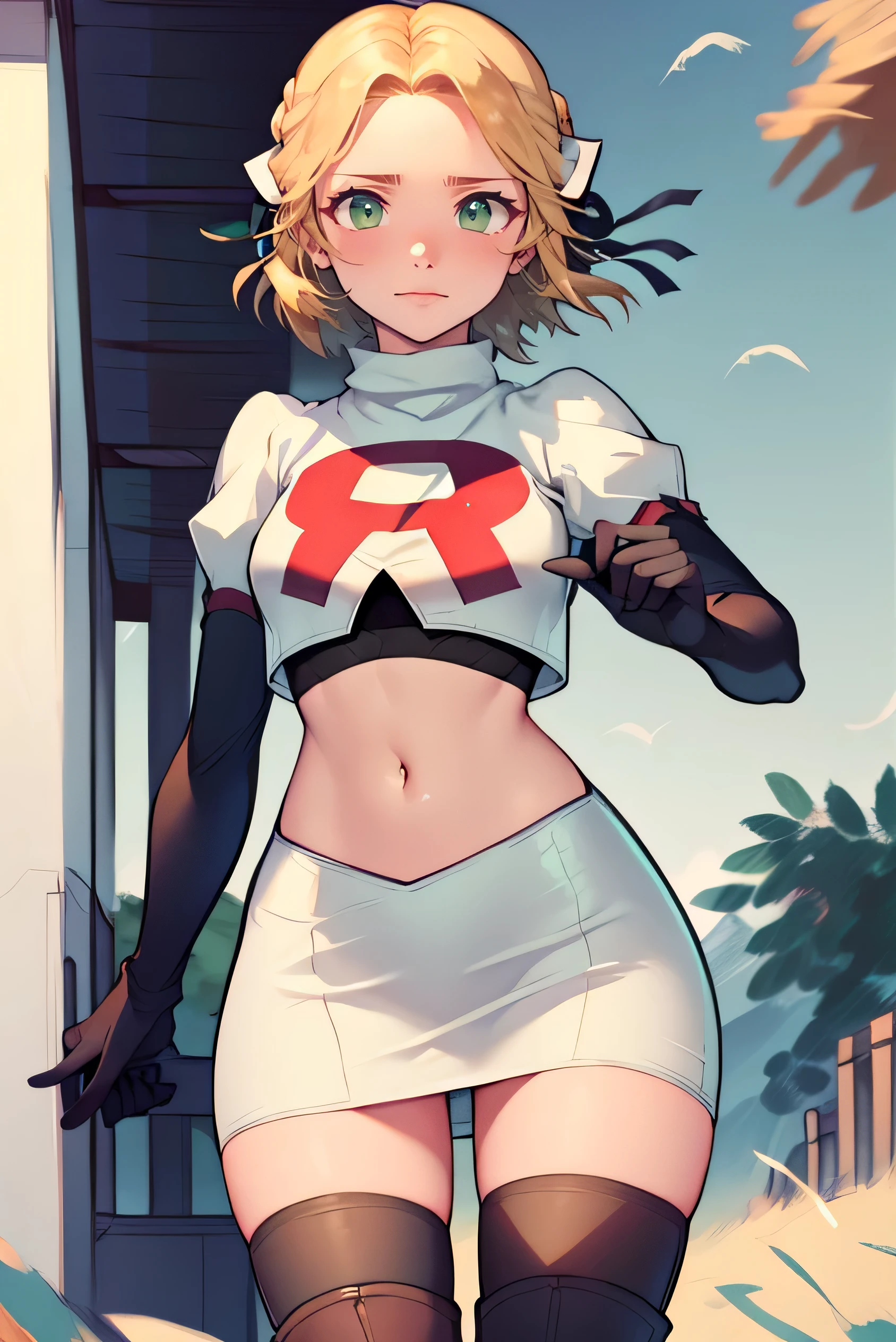 Waringrid, short hair, Hair Ribbon, Green Eyes ,Team Rocket,Team Rocket uniform, Red letter R, White Skirt,White crop top,Black thigh-high boots, Black elbow gloves , View your viewers, Shy smile,(Front facing)(((Blushing、Embarrassed expression)),(((The skirt flips up in the wind)))