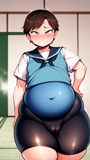 ((best quality)), ((masterpiece)), (cartoony style), perfect face, male character, ((femboy)), cute boy, (japanese schoolboy), (japanese school light blue summer sailor uniform), wet clothing, ((light brown thin skintight bike shorts)), wet shiny light brown spats, sweaty reflective light brown short spandex pants, (bottom heavy), big butt, wide hips, ((thick plump thighs)), (visible bulge in pants), (flat chest), small breasts, slim belly, fair skin, (short split brown hair), big hazel eyes, ((detailed eyes)), red cheeks, blush, (smug smile), ((bratty expression)), ((sweaty)), steaming breath, aroused, (japanese school hallway background), teasing pose, dynamic view, dynamic perspective, manga panels