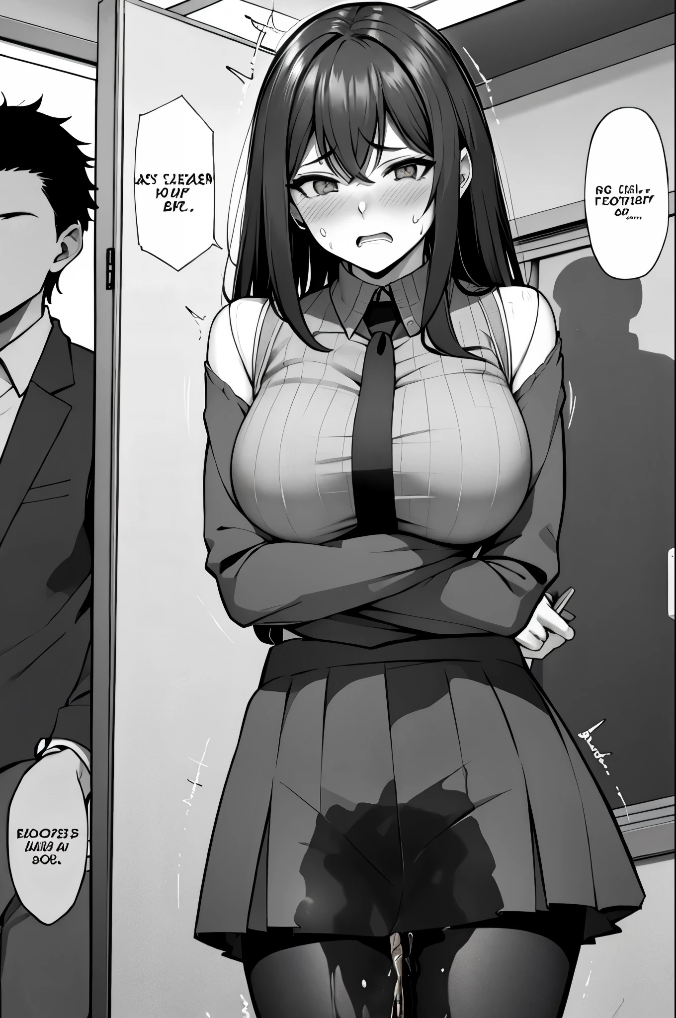 A woman with long black hair, wearing a business outfit consisting of a suit, pencil skirt, and pantyhose, stands in a monochrome setting. The artwork is inspired by manga and incorporates a doujin style. The woman appears to be (wetting herself:1.5), which causes her to feel embarrassed and humiliated, resulting in a blush on her face. In addition, there is an air of anger in her expression. The lighting in the scene is moody, with a spotlight highlighting the woman's figure. She is crossing her arms, (arms crossed:1.5), fully showcasing her skirt., medium breasts