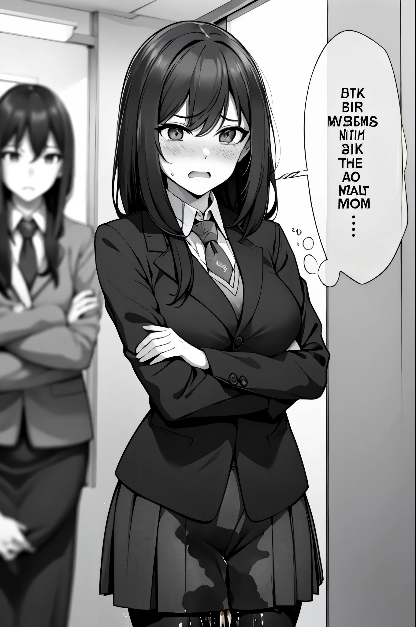 A woman with long black hair, wearing a business outfit consisting of a suit, pencil skirt, and pantyhose, stands in a monochrome setting. The artwork is inspired by manga and incorporates a doujin style. The woman appears to be (wetting herself:1.5), which causes her to feel embarrassed and humiliated, resulting in a blush on her face. In addition, there is an air of anger in her expression. The lighting in the scene is moody, with a spotlight highlighting the woman's figure. She is crossing her arms, (arms crossed:1.5), fully showcasing her skirt., medium breasts