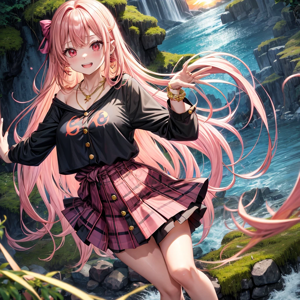 Pink gold golden hair、Red eyes、One good looking girl、solo、anime、Checkered mini skirt、The skirt has buttons、Black camisole、Black T-shirt、hoodie、Wearing a ribbon、Ribbon on waist、Crystal Earrings、Gemstone Necklace、Tilting face、Teeth are visible、Behind the waterfall、tunnel、Sunset sky、moss、Hell&#39;s Gate、Lantern、Blue flame