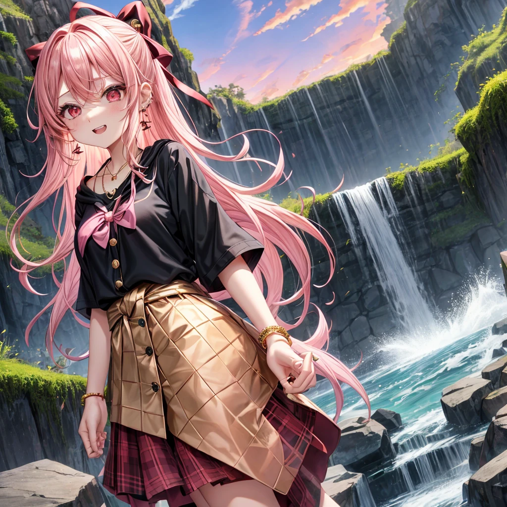 Pink gold golden hair、Red eyes、One good looking girl、solo、anime、Checkered mini skirt、The skirt has buttons、Black camisole、Black T-shirt、hoodie、Wearing a ribbon、Ribbon on waist、Crystal Earrings、Gemstone Necklace、Tilting face、Teeth are visible、Behind the waterfall、tunnel、Sunset sky、moss、Hell&#39;s Gate、Lantern、Blue flame