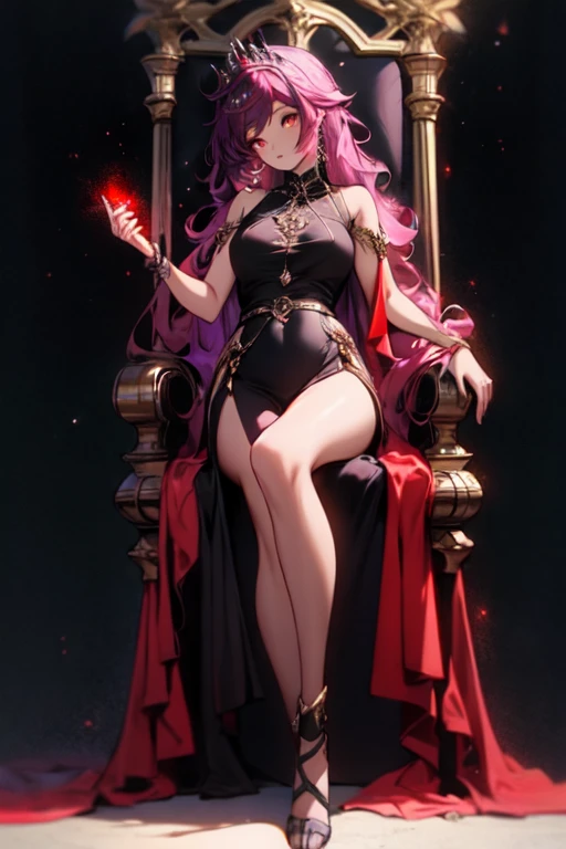 ((best quality)), ((masterpiece)), (detailed), perfect face, perfect body, ((detailed red eyes)), purple curly long hair with tiara, Goddess Dress, full body ,luminous red rose tattoo in the belly ,holding a luminous sword in the right hand ,throne in the dark abyss with sparkle lights background , open legs
