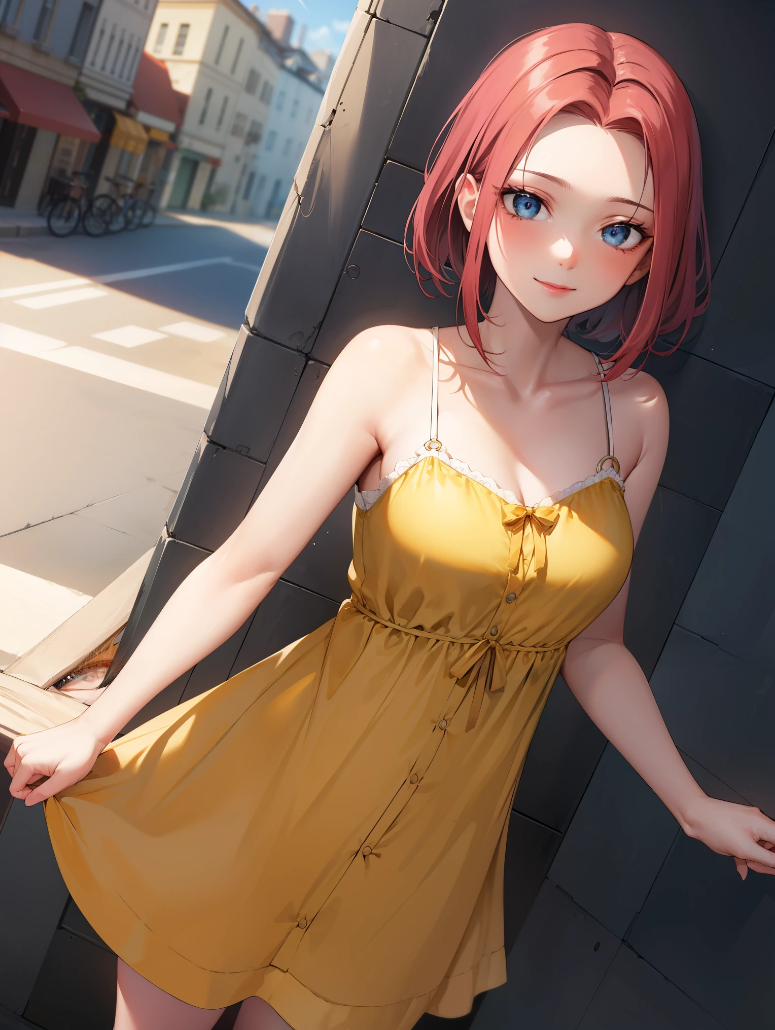 kallen stadtfeld, blue eyes, red hair, short hair,
BREAK ((sundress:1.5))
BREAK cowboy shot, dynamic angle, solo, 1girl, smile, blushing, looking at viewer, city street, daylight, dynamic pose,
BREAK (masterpiece:1.2), best quality, high resolution, unity 8k wallpaper, (illustration:0.8), (beautiful detailed eyes:1.6), extremely detailed face, perfect lighting, extremely detailed CG, (perfect hands, perfect anatomy),