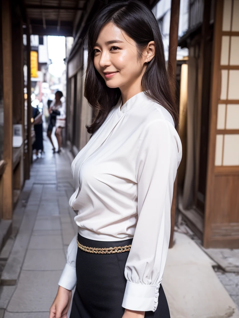 ((Top Quality)), ((8K)), ((Masterpiece: 1.3)), (Perfect Appearance), (Photorealism: 1.6), (Japanese woman standing in an old Japanese townscape: 1.6), (Kyoto), (clear background), japanese woman, (48 years old), ((Standing upright, facing forward, center of screen)), ((Realistic skin texture)), (Fine wrinkles throughout the skin: 1.3), (Dull skin: 1.1), (Skin without moisture: 1.2) , (Wrinkles on the face: 0.9), (Wrinkles on the corners of the eyes: 1.2), Double eyelids, tear bags on the lower eyelids, (Crying moles: 0.9), The eyes are looking here, serious gaze, (Dimples: 1.2), smile with the corners of the mouth raised wide, straight medium length, soft fabric blouse, (through white blouse: 1.3), (Plump and glamorous body), (wide sleeves), (Cuffs that fit your wrist), (The hem of the blouse is tucked into the skirt: 1.2), flare skirt, high heels, (focus on upper body: 1.3), (low angle: 1.4),
