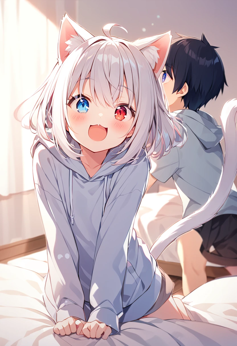 girl,hoodie,On the bed,Excited,Heterochromia Red Eyes Blue Eyes,Flat Chest,Cat ear,Feline tail,boy,cute,Cat ear,Cat&#39;s Tail,clothes lift,nsfw