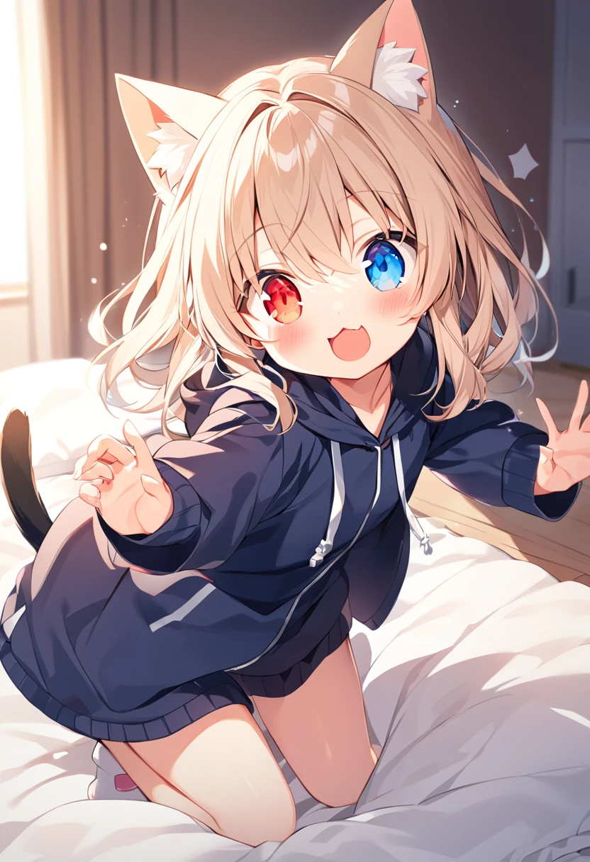 girl,hoodie,On the bed,Excited,Heterochromia Red Eyes Blue Eyes,Flat Chest,Cat ear,Feline tail,boy,cute,Cat ear,Cat's Tail,clothes lift,nsfw