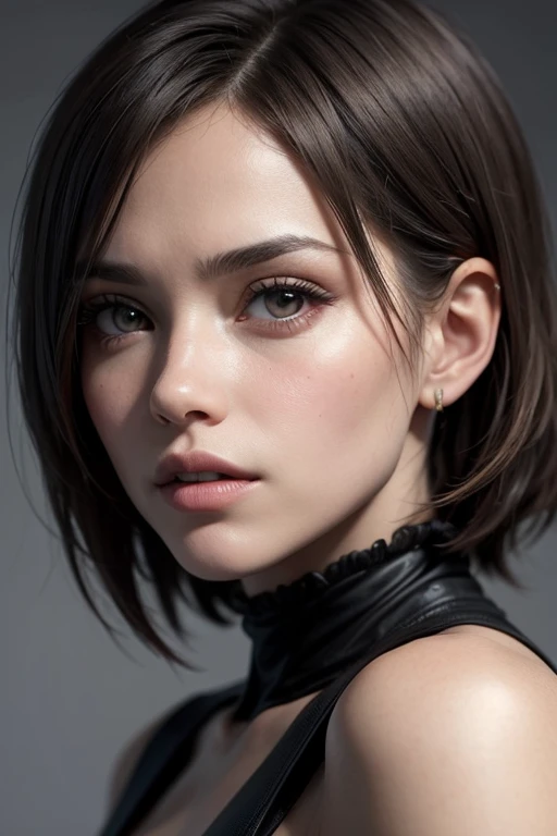 ((mejor calidad)), ((Obra maestra)), (detallado), of the feminine gender, cara perfecta, color rubio del cabello y estilo de corte de cabello Wolf cut, droopy eyes, facciones femeninas, tiene Heterocromia, el ojo derecho lo tiene de color rojo y el izquierdo de color gris, serious expression, labios rojos y finos, viene del mundo de Resident Evil 6