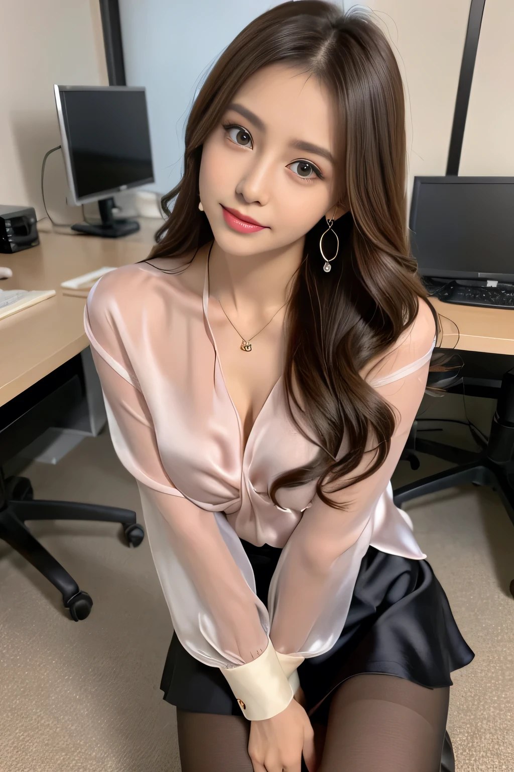 Uruchan-6500-v1.1, (RAW Photos:1.2), (Photorealistic), (See-through:1.3), (Genuine:1.4), 1With a girl、Age 25、game_Hmph, Big Eye(eye), A shy smile、Brown medium-long hair、Curly Hair、pretty girl、(Elegant silk blouse:1.3), (Ultra-realistic pantyhose:1.2), (mini skirt:1.2), sit in an office and work at a desk、Realistic skin texture、Shiny skin、Big earrings、Thin lips