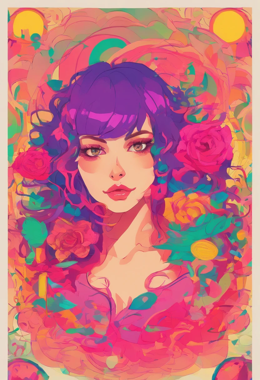 (Better Quality, Master Parts), He's a psychopath., Brown hair with hints of warm green and pink, Wearing a black crop top with green eyes、Smiling at the woman on the right, The woman on the right has no emotions.、Serious, She has black hair and、With blue and pink braids、She is wearing a purple crop top with warm pink lips.、Both women have purple lighting ;Crescent Moon、Rose、