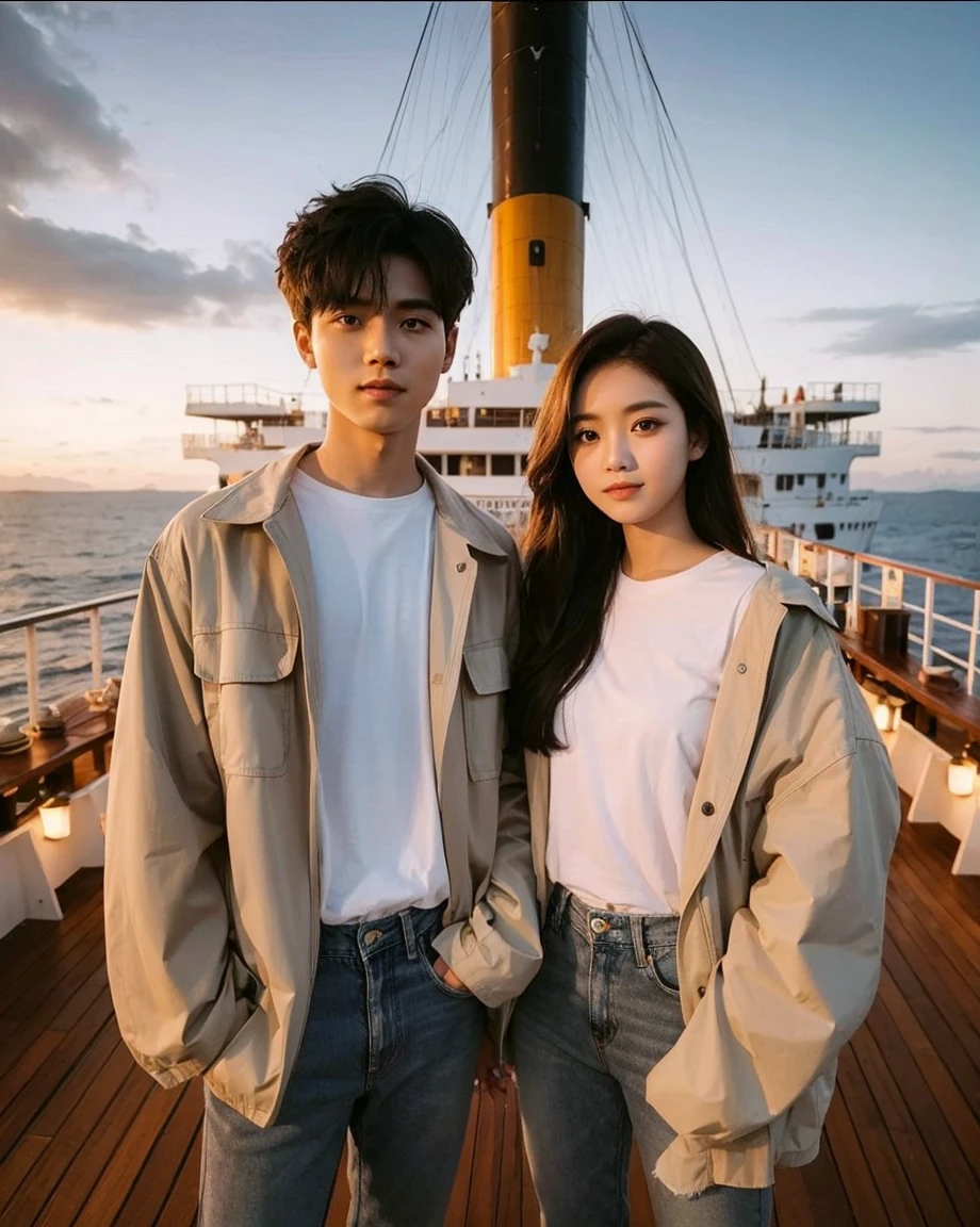 wide shoot angle, foto seorang laki laki muda korea rambut pendek rapi, disampingnya berdiri seorang wanita muda korea, keduanya memakai kaus putih bagian dalam dan jaket bagian luar, celana jeans, sepatu converse, suasana bahagia, berdiri di deck kapal titanic, melihat ke arah kamera, latar belakang langit senja dilautan, langit jingga.