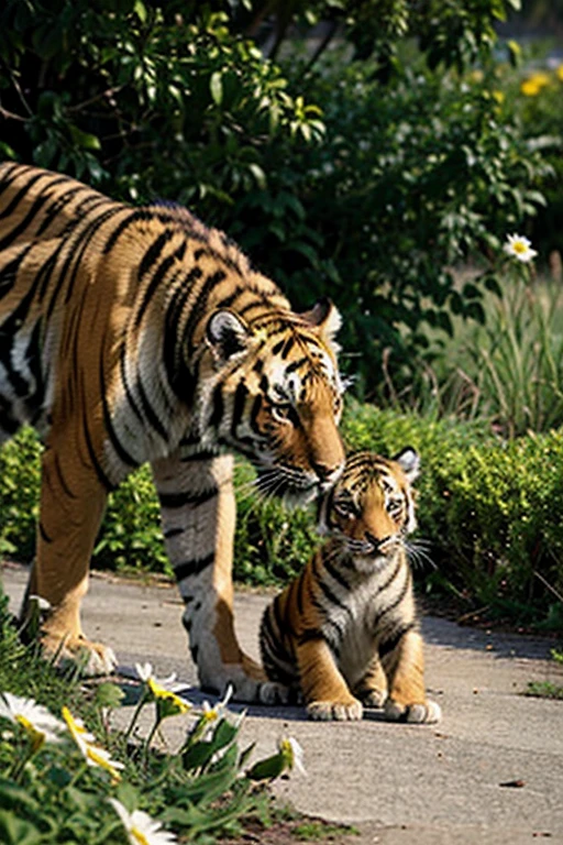 tiger cub among the flowers at noon near the water