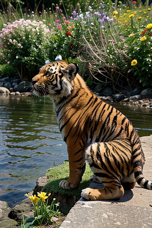 tiger cub among the flowers at noon near the water
